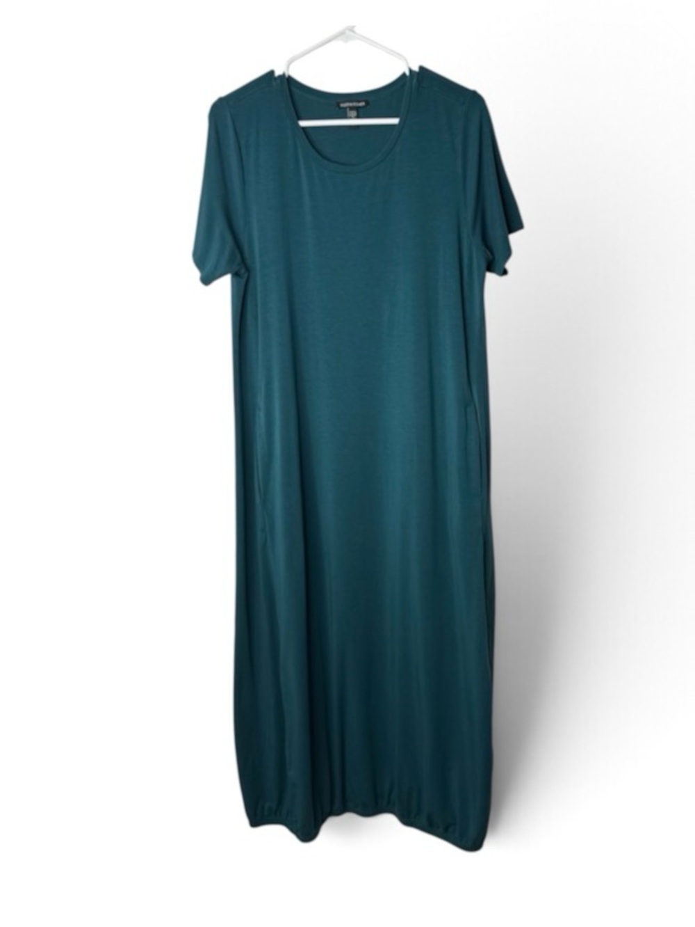 Eileen Fisher Midi Dress Women’s Medium Blue Green Short Sleeve Bubble Hem
